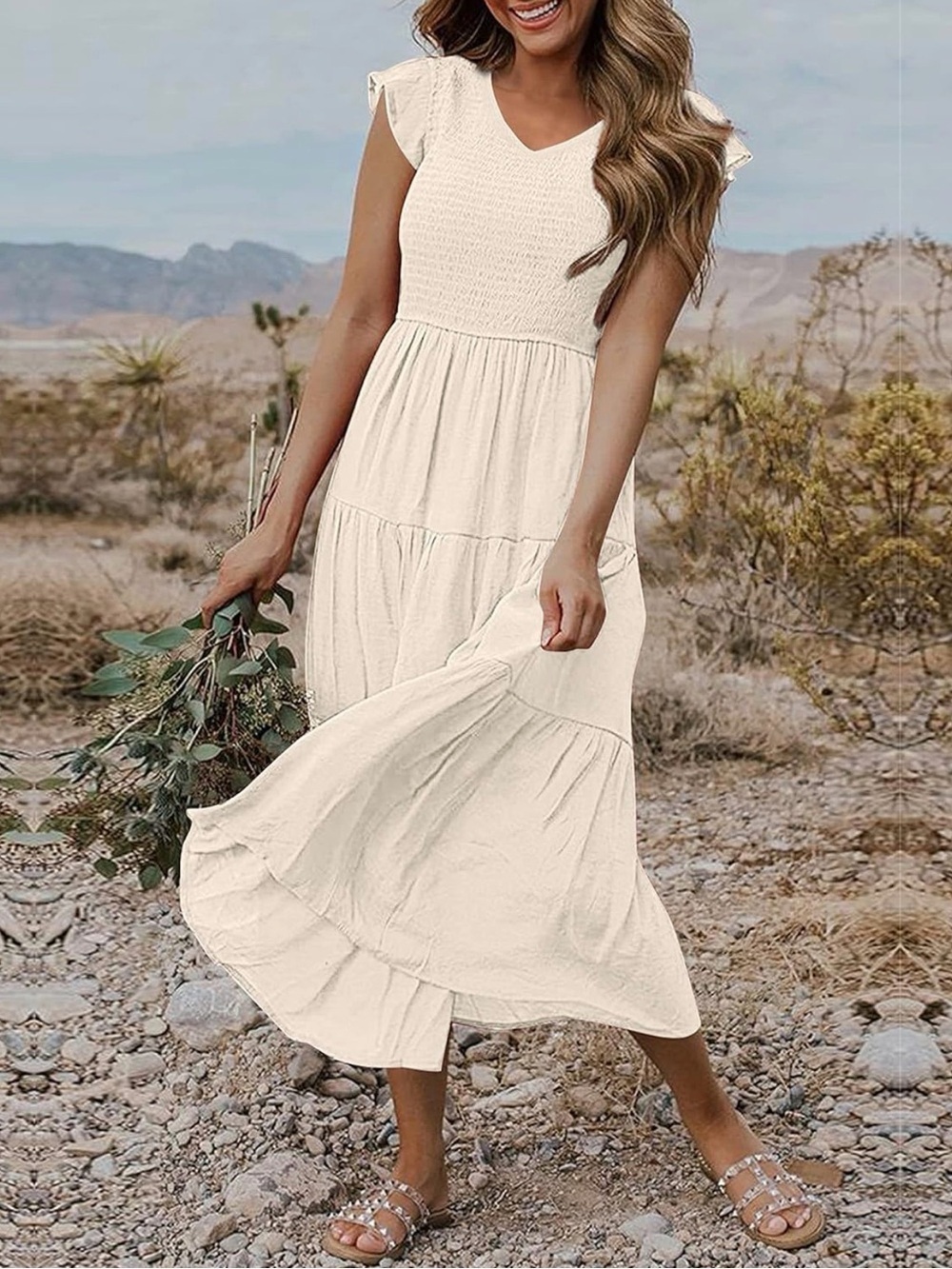 NWT Cream Smocked V-Neck Tiered Maxi Dress Boho, Large